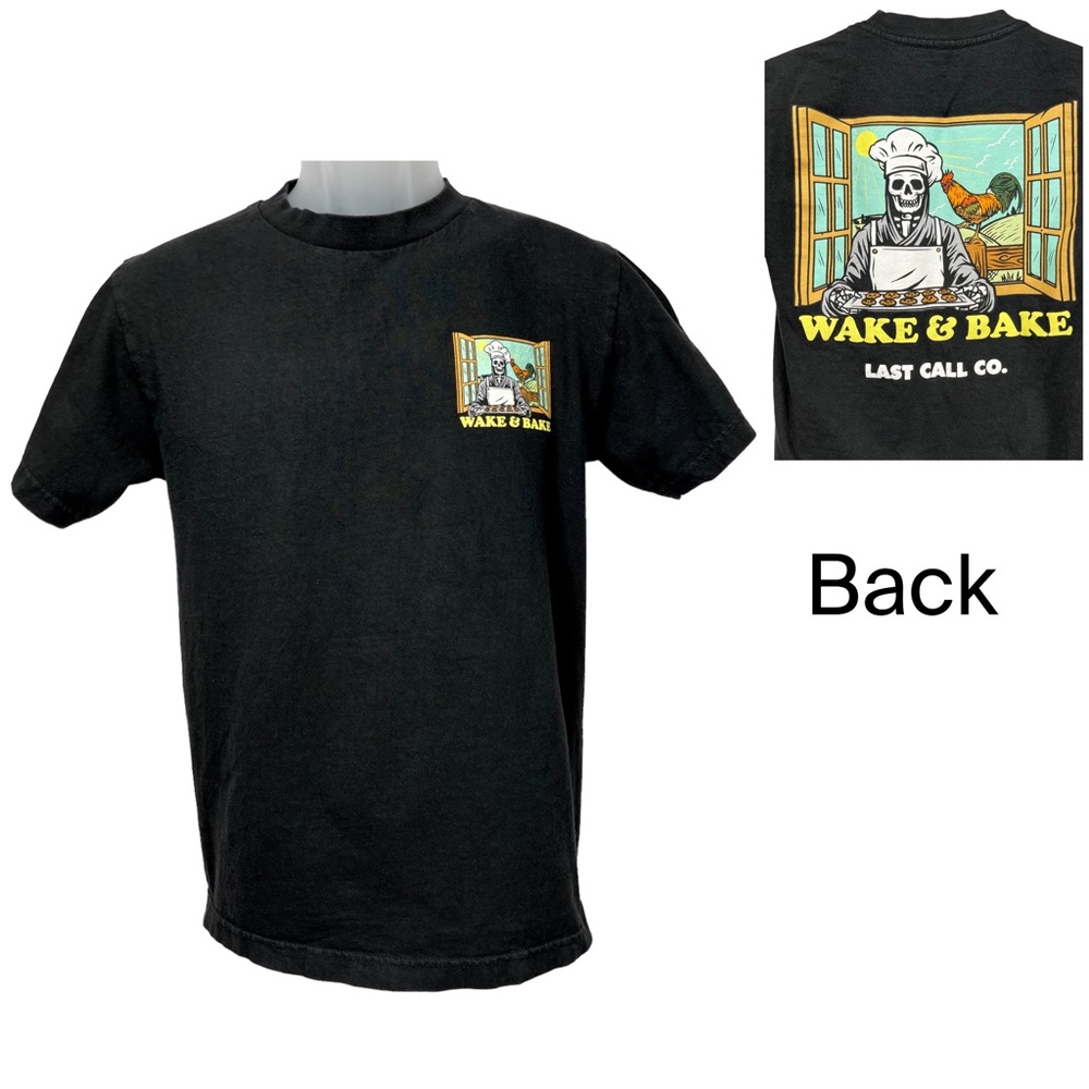 Last Call Co. “Wake & Bake” Graphic Black T-Shirt 100% Cotton Mens Small‎